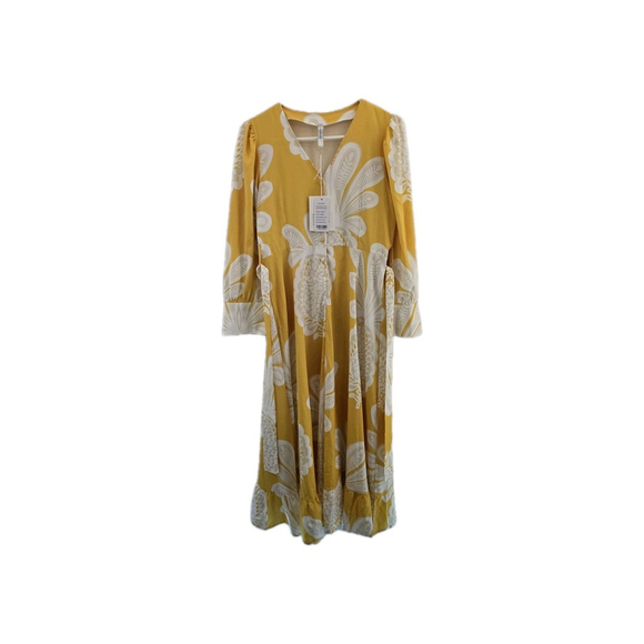 Moonsea Yellow/white Short Sleeve Maxi Poly Dress. 1/4button. Ladies Size Small - Picture 13 of 14